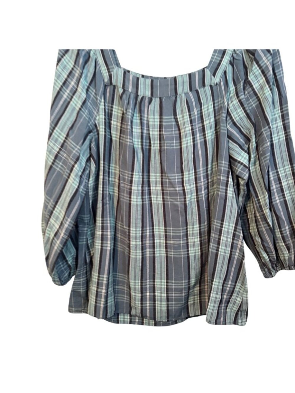 Lauren Conrad Sz L Plaid Square Neck Blouse Long Sleeve Lightweight Blouse - Picture 6 of 12